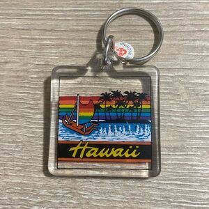 Vintage Hawaii Keychain Acrylic Rainbow Palm Trees Retro 1.5”